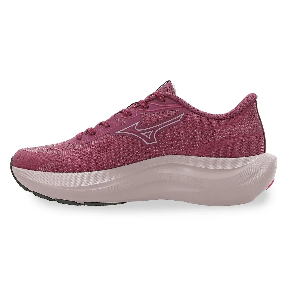 Perfil lateral esquerdo do Mizuno Virtue 2 bordô mostrando entressola EVA e design de corrida